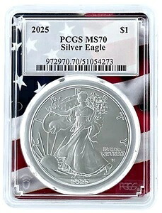 2025年 1オンス シルバー イーグル PCGS MS70 - フラッグ ピクチャーフレーム - ローポップ