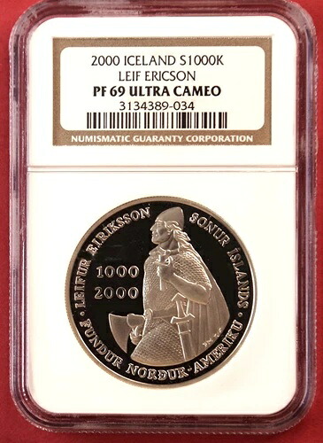 2000年アイスランド レイフ・エリクソン 100万ドル記念銀貨 NGC PF69 送料無料