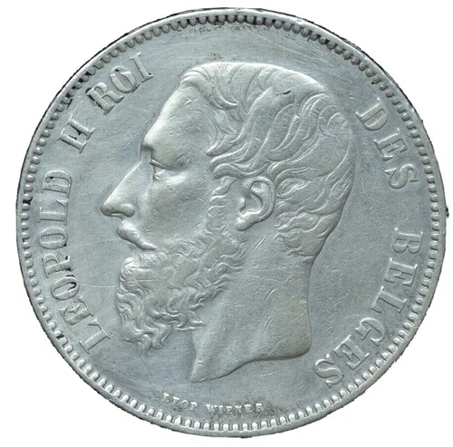 1876年 ベルギー 銀貨 5フラン レオポルド2世 - 状態良好 - 大型コイン 25gr