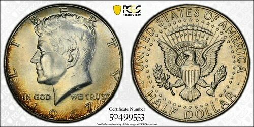 トーン加工済み 1967年 シルバー MS 66 ジョン・F・ケネディ シルバー ハーフドル PCGS グレード スラブ 147