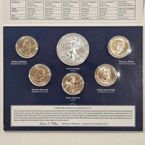 2013年米国造幣局発行の未流通ドル硬貨セット(シルバーアメリカンイーグル1オンス付き)