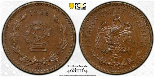 1928 メキシコ 2 センタボス コイン PCGS MS63 BN