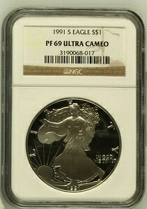 1991年 サウスアメリカン シルバーイーグル NGC PF-69 ウルトラカメオ