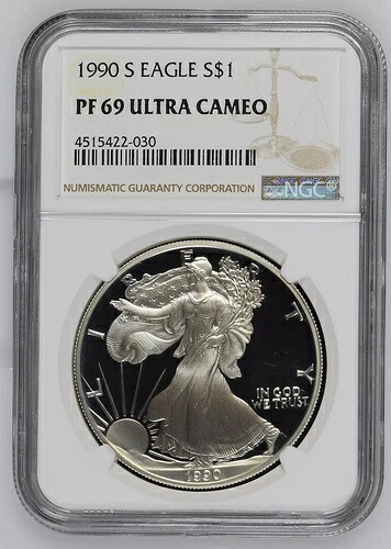 1990-S $1 シルバーイーグル PF-69 ウルトラカメオ NGC ブラウンラベル