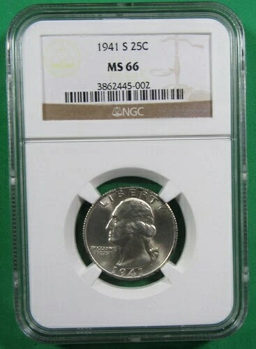 1941-S 25セント NGC MS66。滑らかで新鮮な状態。(825206) 58,080円