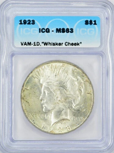 1923 年ピース ダラー - ICG MS63 - 有名な VAM 1D ウィスカー チーク ヴァリエーション付き!!
