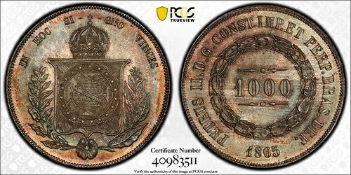 1865 PCGS MS66 | **トップポップ** ブラジル - トーン加工 1000レイス コイン #39226A