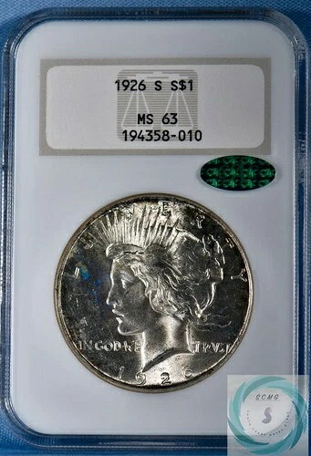 1926-S 1ドル ピースダラー NGC MS 63 CAC付き - 輝くブロンズゴールドの輝き