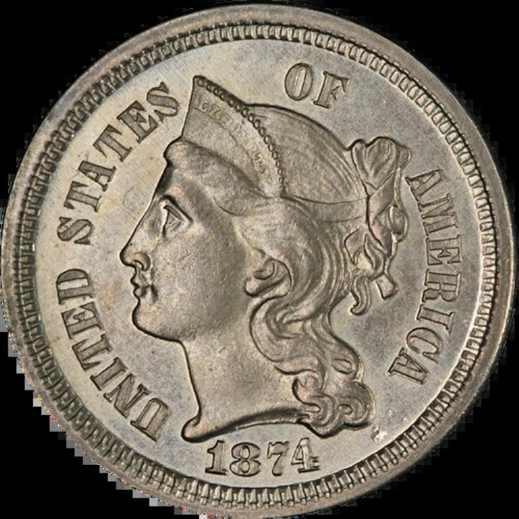 1874年 3セントニッケル チョイスプルーフ ストロングストライク