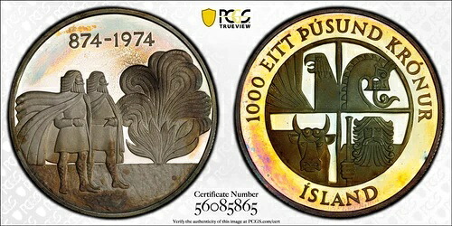 PR68DCAM 1974年アイスランド 1,000クローナ銀貨 プルーフ、PCGS Trueview-レインボートーン