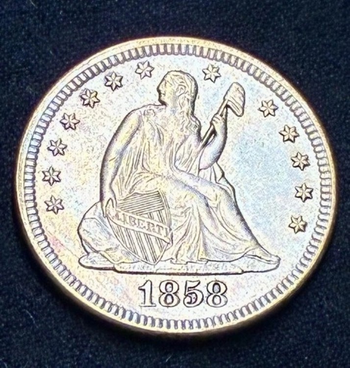 1858 年 着席型自由の女神 25 セント硬貨 (高品質、大きなダイ クラックあり) 未流通!
