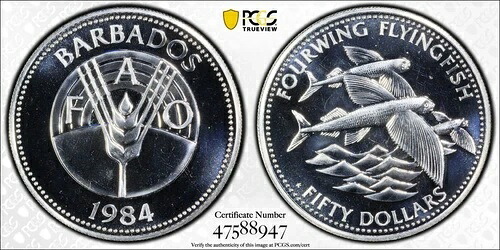 1984 $50 バルバドス フォーウィング フライングフィッシュ PCGS MS67 #47588947 トップポップ (1/1) !!