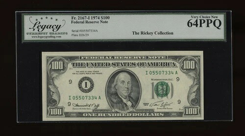 DBR 1974 $100 FRN ミネアポリス Fr. 2167-I レガシー 64 PPQ シリアル I05507334A