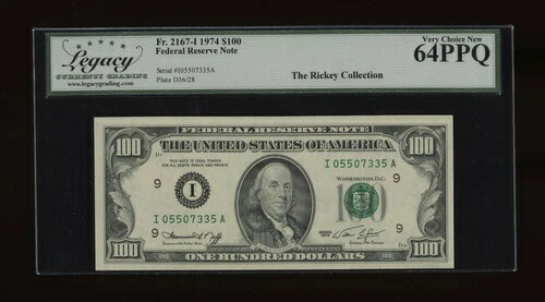 DBR 1974 $100 FRN ミネアポリス Fr. 2167-I レガシー 64 PPQ シリアル I05507335A