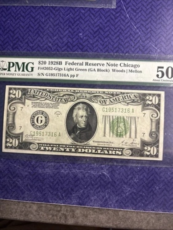 1928 B $20 シカゴ FRN PMG 50 AU EPQ Fr 2052-Glgs ライトグリーンシール PMG 50 AU EPQ