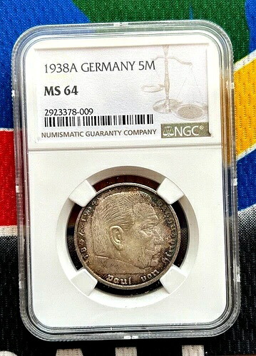 NGC MS 64 1938 A 5マルク ドイツ第二次世界大戦銀貨 第三帝国 ライヒスマルク トーン