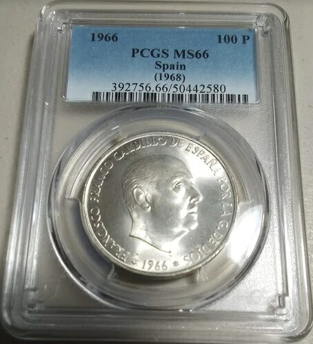 :1966(68) S100 ペセタ スペイン フランコ ほぼ最高 PCGS MS66 希少 R8 9/0 トップポップ