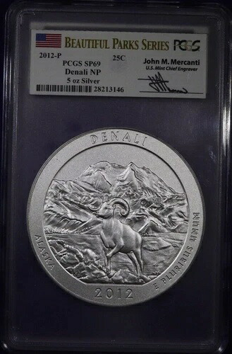 2012-P 5オンス 25セント シルバー デナリ NP - PCGS MS69 ATB ジョン マーカンティ サイン入りコイン。 152,900円