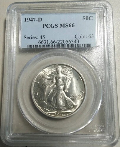 :1947-D 50セント ウォーキング・リバティ・ハーフダラー ほぼ極上 シミなし PCGS MS66(FSTB) R3