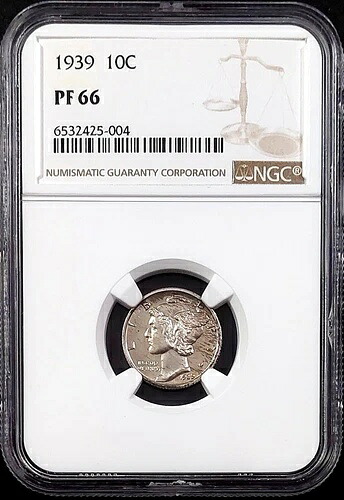 1939 年プルーフ マーキュリー ダイム、NGC により PF 66 と認定されました。