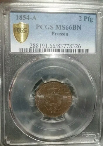 1864 A、1854-Aプロイセン2 Pfホルダー。PCGS MS66ブラウン。エラーホルダー