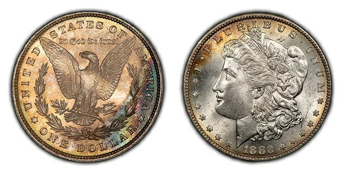 1880年 1ドル モルガン銀貨 - PQパターン レインボートーニング - BU - SKU-D4942