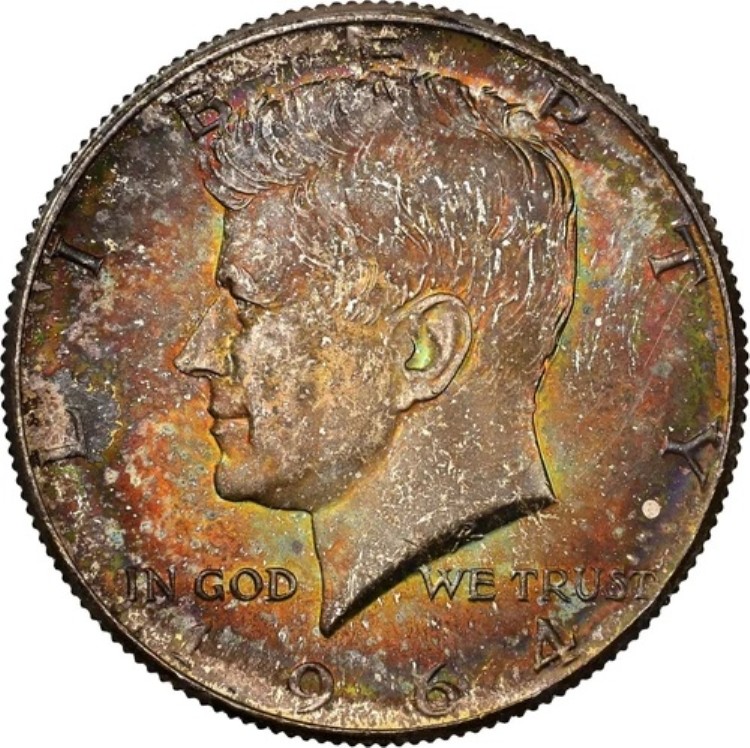 1964年 50セント ケネディ銀貨 ハーフドル NGC MS64 レインボートーン ダークディープカラー