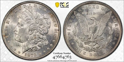 1878年 P モルガン銀貨 PCGS MS-62 7TF、裏面は1879年