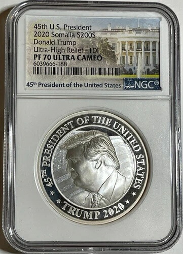 2020 ソマリア シルバー 200 シリング - ドナルド トランプ UHR PF-70UC FDOI NGC 2oz .999