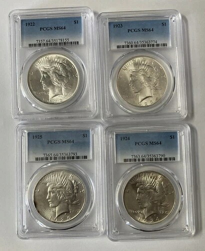 1922-25年平和ドルセット。1.00。PCGS MS 64 4枚。ホワイトコイン。