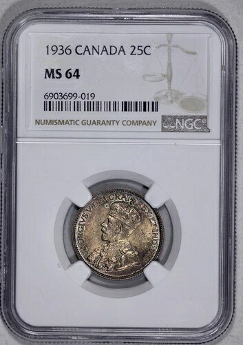 1936年カナダ銀貨 25セント NGC MS 64 ブルーベリーリバーストーニングメタリックチェスナット表面