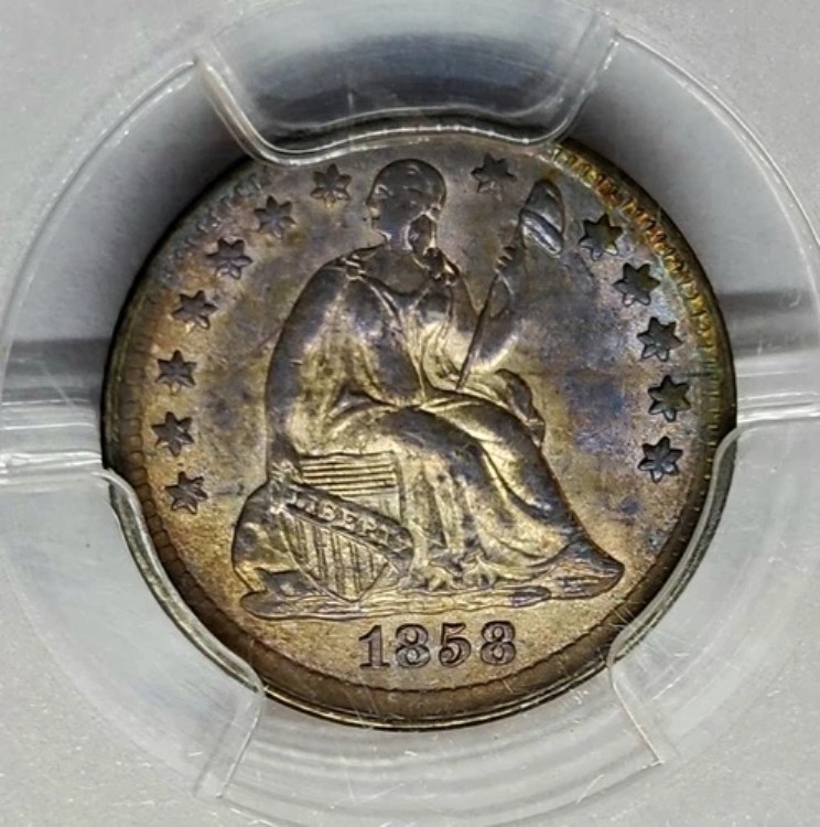 1858-P 着席リバティ シルバー ハーフダイム H10 PCGS MS63 表面に星あり 素晴らしい!