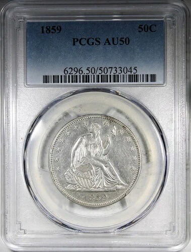 1859年 着席型ハーフドル PCGS AU50 ほぼ白色タイプコイン
