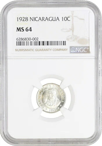 ニカラグア 10センタボ 1928年、NGC MS64、「コルドバ（1912年 - 1990年）」銀貨