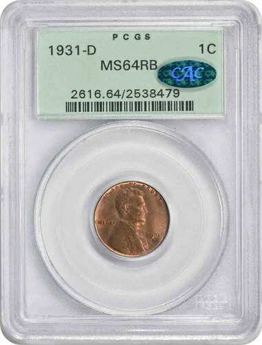 1931-D リンカーン セント MS64RB PCGS OGH (CAC)