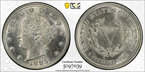 1883年 5セント リバティヘッド V ニッケル - PCGS MS65 セントなし、日付再刻印あり｜WORLD RESOURCE【KING店】