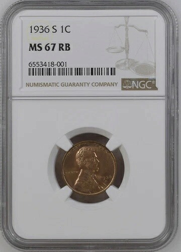 1936-S 1C RB リンカーン・ウィート 1セント NGC MS67RB 6553418-001