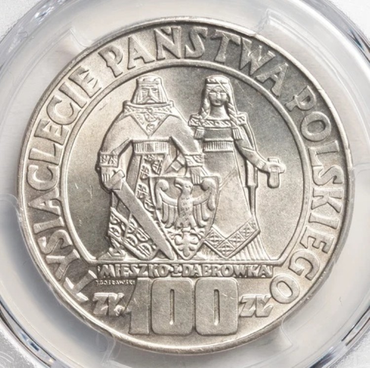 1966年、ポーランド。美しい100ズウォティッチ銀貨「ポーランド・ミレニアム」。PCGS MS-66！