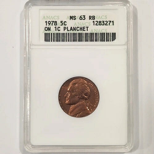 1978年 P ジェファーソン ニッケル 1セントプランシェット エラー ANACS MS63 RB ソープボックス｜WORLD RESOURCE【KING店】