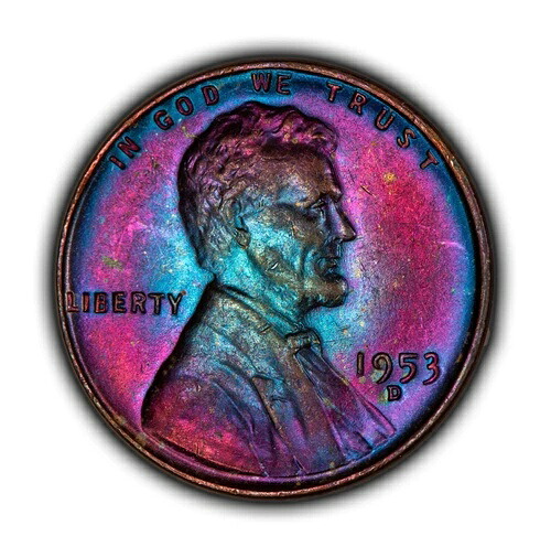 1953-D 1セント リンカーン・ウィート・スモールセント - 鮮やかなネオンターゲット調色 - SKU-B4651