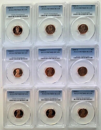 2000年、2001年、2002年 - 2007年、2008年「S」9枚組 PCGS 70 RD DCAM プルーフ リンカーン セント セット