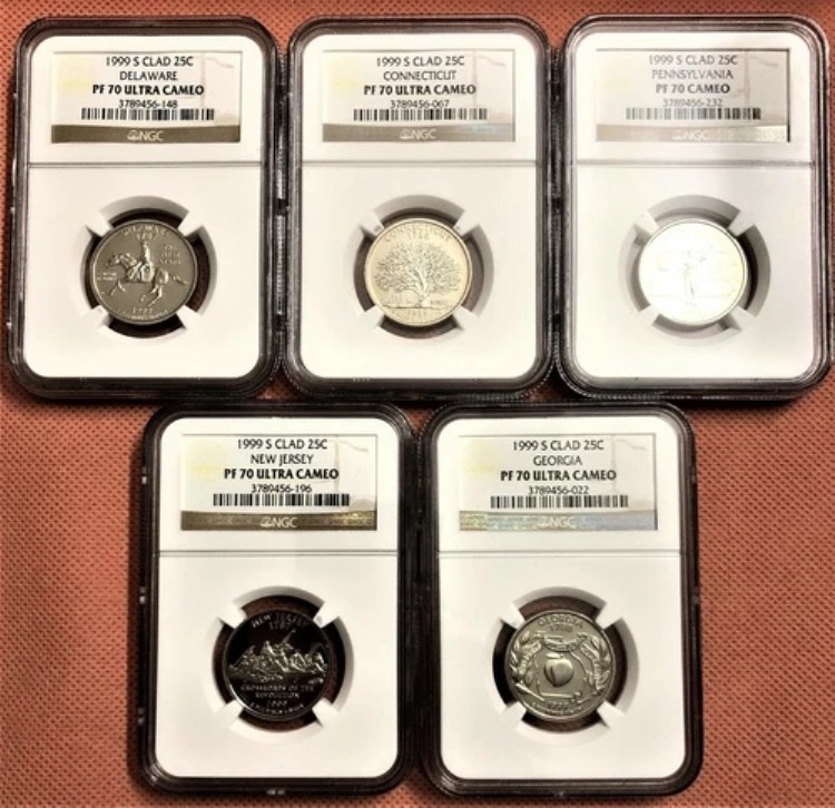 1999-S プルーフ クォーター、NGC PF70 ウルトラカメオ、5 枚セット、DE、NJ、PA、GA、CT