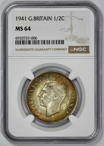 1941年 英国製 銀貨 1/2C ハーフクラウン NGC MS 64 アンバートーン