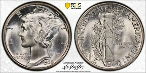1938-P マーキュリー シルバー ダイム 10セント PCGS ミントステート MS 67 フルバンドバンド (FB)
