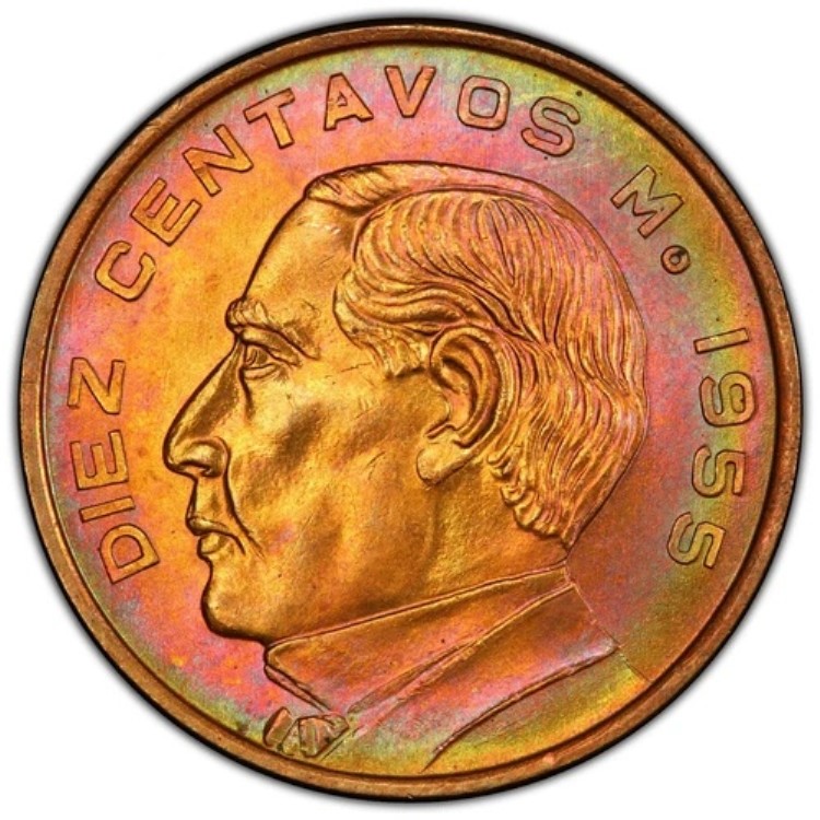1955年 ミズーリ州 メキシコ 10セントセンタボ PCGS MS65RB KM-433 モンスターレインボートーンキーデイト|WORLD RESOURCE【KING店】