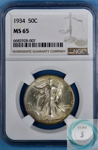 1934年ウォーキング・リバティ・ハーフダラーNGC MS 65 - 宝石光沢琥珀