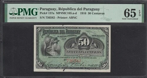 パラグアイ、パラグアイ共和国、50 センタボス 1916 P#137a PMG 65 EPQ。トップポップ