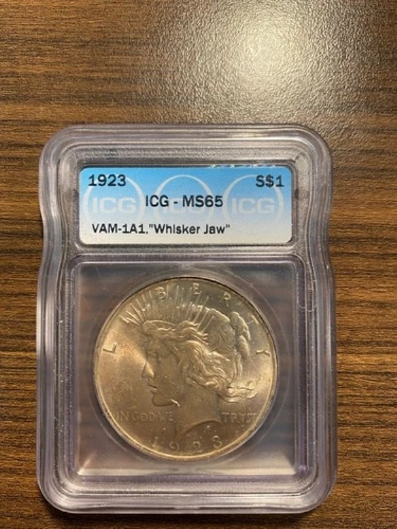 1923-P ウィスカージョー VAM-1A1 ピースシルバーダラー $1 ICG MS 65 タイプ2、ローレリーフ