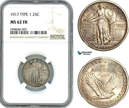 AJ943、アメリカ合衆国、スタンディング・リバティ・クォーター（25セント）1917年、タイプ1、NGC MS62FH