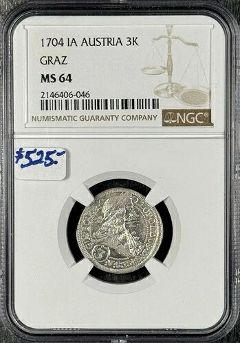 1704 IA オーストリア 3K グラーツ NGC MS 64 トップポップ 1/0 PQ+ ホワイトコインローラープレス kw